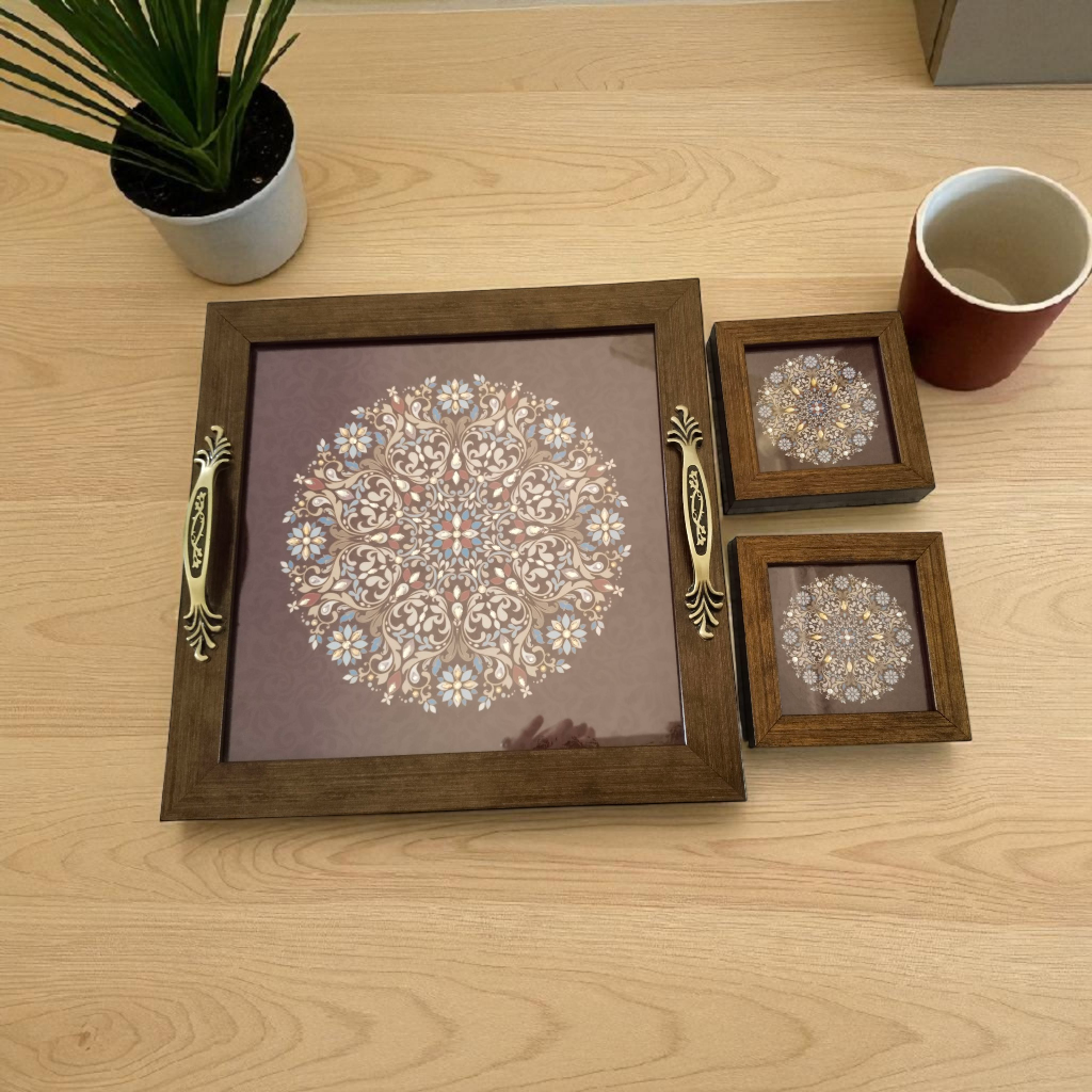 Ethnic Mandala Tray with Coaster Set – Handcrafted Serving & Gift Set