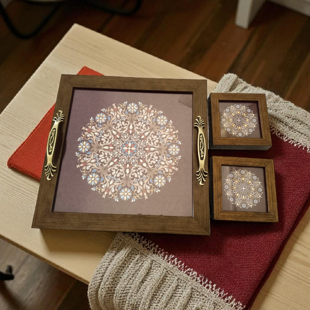 Ethnic Mandala Tray with Coaster Set – Handcrafted Serving & Gift Set