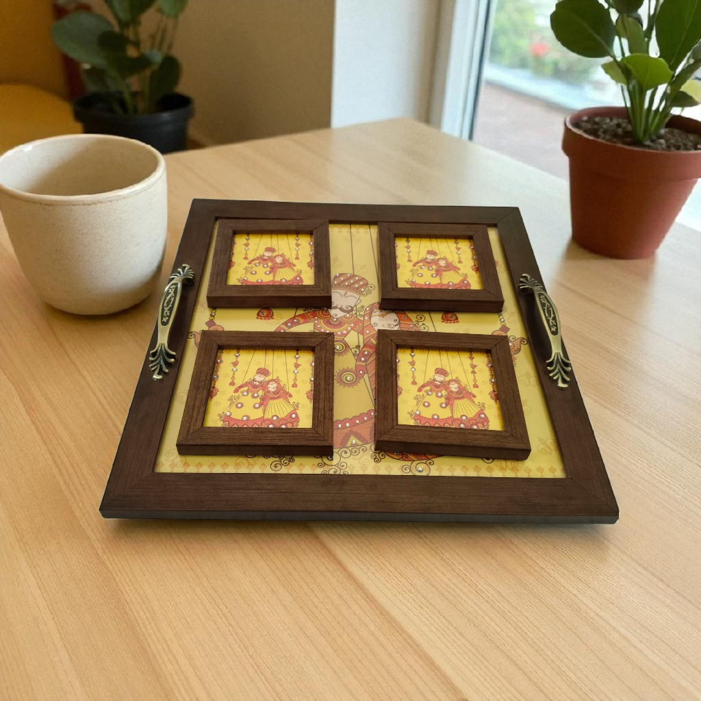 Katputli Design Tray with Coaster Set – Handcrafted Serving & Gift Set