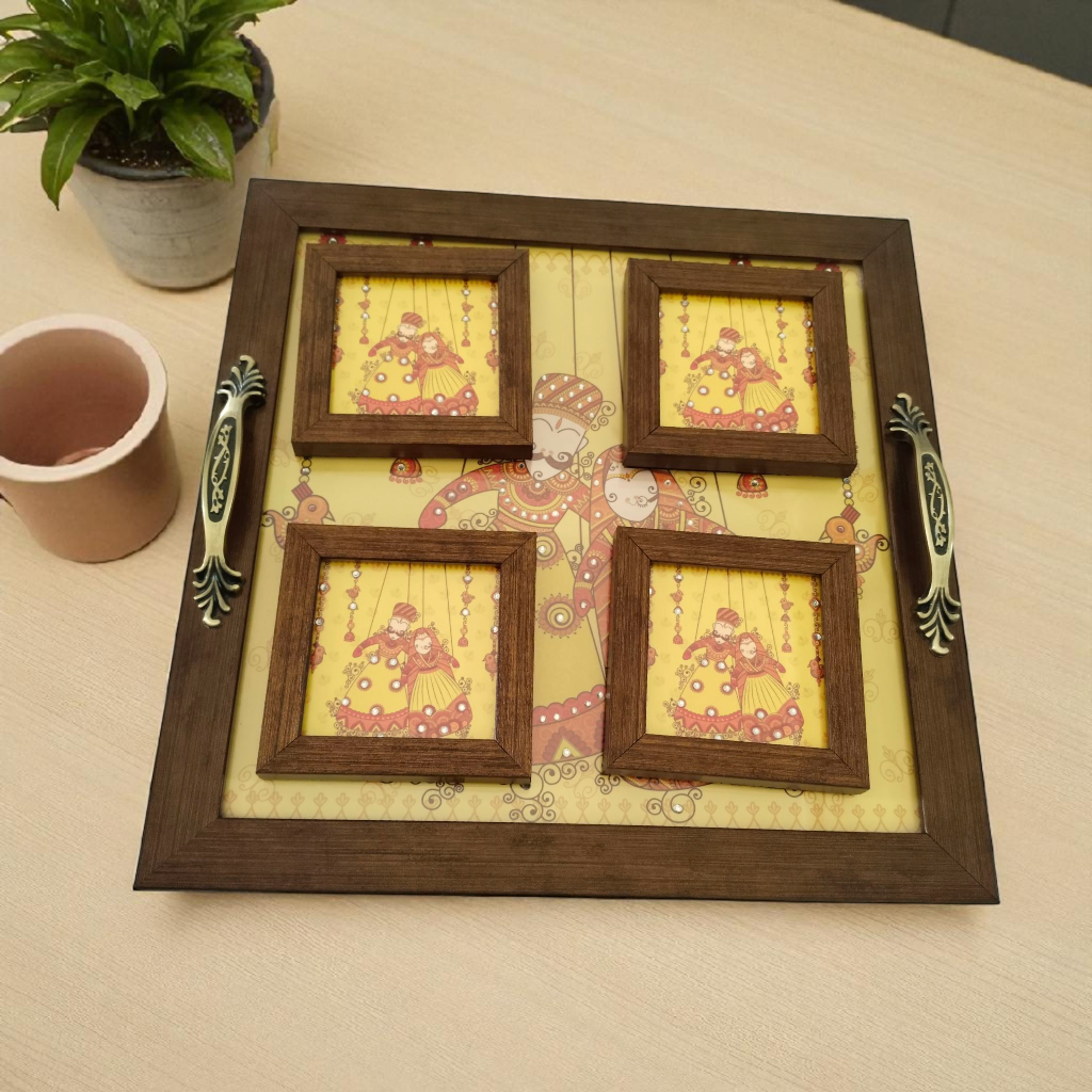 Katputli Design Tray with Coaster Set – Handcrafted Serving & Gift Set