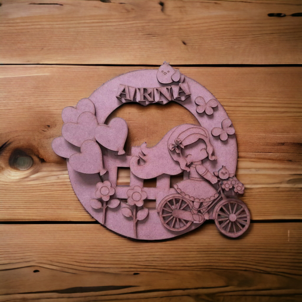 Ready-to-Paint Kids Nameplate – DIY Cycle Theme MDF Craft Base for Personalized Decor