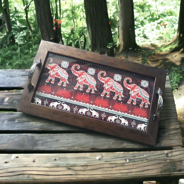 Elephant Design Rectangle Tray – Handcrafted Serving Tray for Gifts & Home Decor