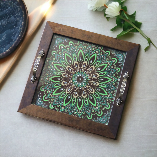 Mandala Green Design Square Tray – Handcrafted Serving Tray for Gifting & Home Décor