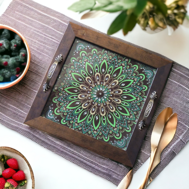 Mandala Green Design Square Tray – Handcrafted Serving Tray for Gifting & Home Décor