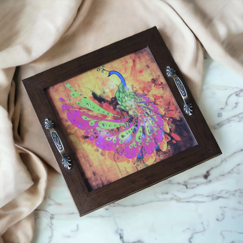 Peacock Design Handcrafted Tray – Artistic Serving Tray for Gifting & Home Décor